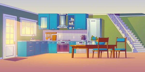 当代家庭厨房室内设计 带家具和设备的餐厅 桌子和椅子 楼梯到二楼的病媒卡通画 — 图库矢量图片