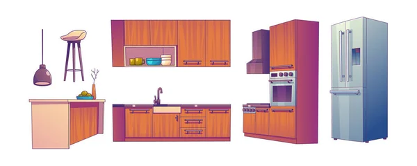テーブル 冷蔵庫 ストーブ 食器棚付きのキッチンルームのインテリア 調理用家具や家電 木製のカウンター シンク オーブン スツール 冷蔵庫 — ストックベクタ