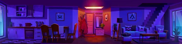 Skandinav Tarzı Apartman Dairesinin Panoramik Manzarası Gece Koridorunun Oturma Odasının — Stok Vektör