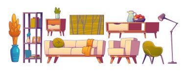 Oturma odası rahat mobilya çizgi film vektör seti. Modern kanepe, masa, kitap standı, koltuk ve bitkiyle izole edilmiş bir daire. Ev dekoru koleksiyonu boş. Şık apartman elemanları