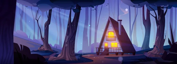 Cabane Confortable Dans Forêt Nuit Illustration Vectorielle Dessin Animé Maison — Image vectorielle