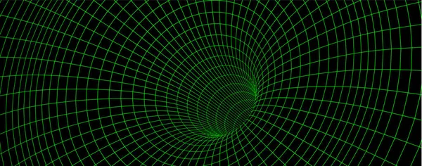 3Dファネルやポータル上の緑のワイヤーフレームワームホール グリッドホール ラインワープ 抽象幾何学的メッシュベクトルイラストのグラフィック錯覚 — ストックベクタ
