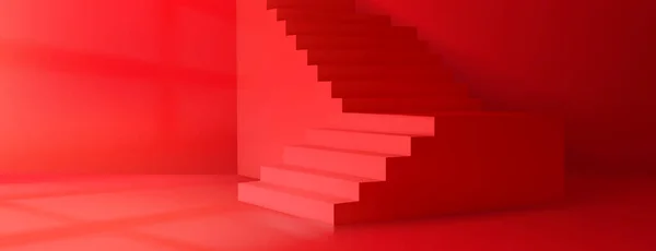 赤い壁の背景を持つ3次元ベクトルルーム 製品のための階段と最小限の幾何学的現実的な台座 プラットフォーム付きのパースペクティブビューレイアウト ウィンドウからの光 最小限のプレゼンテーション — ストックベクタ