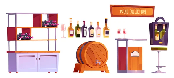 Loja Vinhos Bar Interior Isolado Desenhos Animados Conjunto Com Garrafa — Vetor de Stock