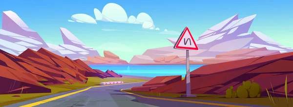 山や湖の風景と高速道路巻き 川に実行されているアスファルトの道路のベクトル漫画のイラスト 警告交通標識 地平線上の岩 ふわふわの雲と青空 旅行の冒険 — ストックベクタ