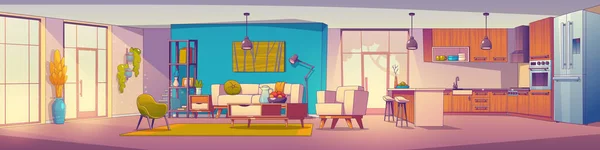 斯堪的纳维亚工作室公寓设计 带有厨房和有大窗户的客厅 舒适的沙发 扶手椅 地板地毯和花瓶的当代家庭开放空间的矢量漫画插图 — 图库矢量图片