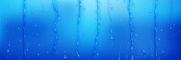 Gotas Água Córregos Superfície Azul Vetor Ilustração Realista Vidro Chuveiro — Vetor de Stock