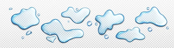 透明な背景に隔離された水の水たまりの現実的なセット 青い液体のスプラッシュ 抽象的なぬれた流出 化粧品ゲルの塊 雨のベクトル図は 表面の上のビューをドロップします 設計要素 — ストックベクタ