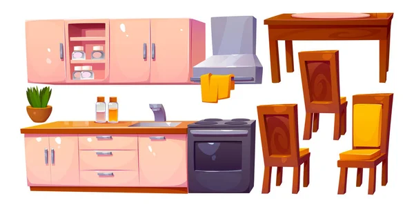 Conjunto Desenhos Animados Mobiliário Cozinha Isolado Fundo Branco Ilustração Vetorial — Vetor de Stock