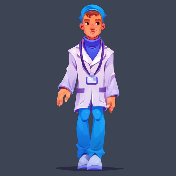 卡通男医生角色在灰色背景下独立行走 带徽章身穿白色制服的年轻人的矢量图解 药房或科学实验室的工作人员 保健职业 — 图库矢量图片