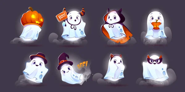 Cute Ghost Halloween Vector Illustration Set Happy Funny Character Pumpkin — Stock Vector