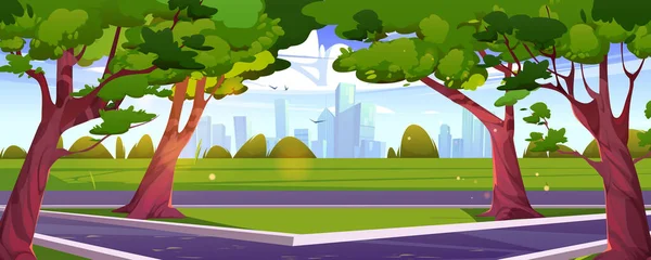Sommer Stadtpark Landschaft Hintergrund Cartoon Vektor Skyline Szene Mit Straße — Stockvektor