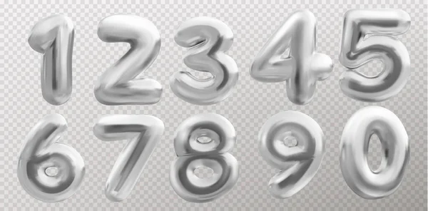 Silver Balloon Number Font Conjunto Vetorial Isolado Realista Aniversário Aço — Vetor de Stock