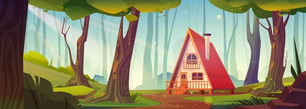 Forest hut vector illustration. Woodland house cartoon background. Woods cabin with porch and stairs near tree nature scene landscape with path through grass. Road to home adventure game graphic.
