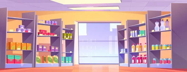 Nawa Supermarketu Kreskówkowego Dużym Oknem Ilustracja Wektorowa Półek Pełnych Kolorowych — Wektor stockowy
