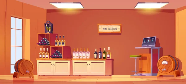 漫画ワインショップインテリアデザイン 棚の上のアルコールボトル付きショッピングモール部門のベクトルイラスト タップ付きヴィンテージ木製バレル スツール テーブルの上のコンピュータ画面でレジ — ストックベクタ