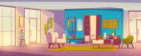 Современный интерьер прихожей. Векторная иллюстрация скандинавского стиля коридора и гостиной с уютными креслами, фруктами на столе, зеркалом и вешалкой на стене, большим окном