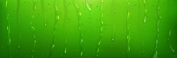 水滴和溪流在绿色表面上 带水滴和水蒸气的湿淋淋玻璃的矢量真实感图解 雨滴落在窗户上 具有透明液泡 冷凝的文摘型 — 图库矢量图片