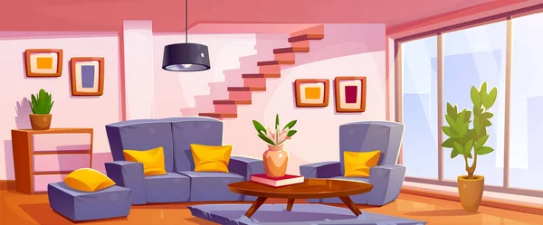 stock vector Cartoon living room interior design with furniture and decor. Vector illustration of apartment with couch and cushions, armchairs, wooden table, pictures on wall, staircase and window, carpet on floor