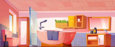 Çizgi film banyo iç tasarımı. Banyo, tuvalet, cam duvarlı duş, lavabo, duvardaki ayna, raftaki havlular, kişisel temizlik için sabun şişesi. Konforlu ev