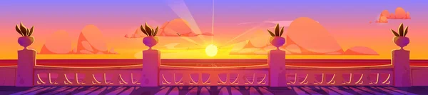 酒店露台空旷 大海和天空中的粉色云彩 夏日落日矢量背景下的印度宫阳台海景 用盆栽在古天井上的栏杆 巴洛克休息厅设计 — 图库矢量图片