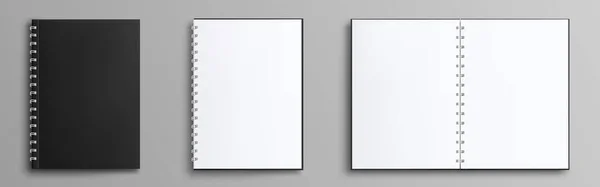 螺旋形粘合剂笔记本电脑矢量模型模板与白皮书 现实的空白记事本规划模型 闭合的黑色封皮和开着的纸的孤立的笔记本 教育固定不变 — 图库矢量图片