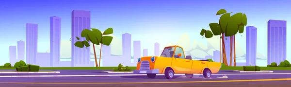 豪華なコンバーチブルと道路の漫画市のベクトルの風景 町のゲームの背景の通りに黄色のヴィンテージ車 都会の風景は高層ビルが立ち並ぶ壁紙 豪華なキャブリオレットドライブ — ストックベクタ