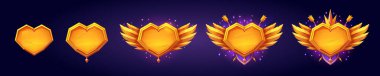 Arka planda izole edilmiş altın kalp avatar çerçevelerinden oluşan bir çizgi film seti. Fantezi oyun sıralamasının vektör çizimi kanatlar, oklar ve değerli taşlarla süslenmiş lüks kraliyet tacıyla süslenmiş. Tasarım ögeleri
