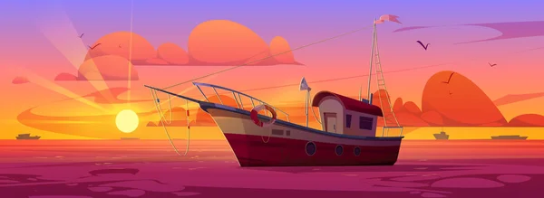 海のベクトル海洋の背景に魚のトロール船 海の水の漫画のベクトル図で救命ブイと商業漁業船 魚をキャッチするためのアドベンチャーゲーム オレンジの夕日と早朝の夜 — ストックベクタ
