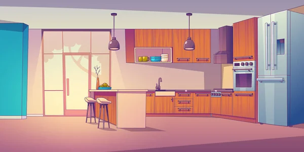バーテーブルベクトル漫画のインテリアイラストの背景とキッチンルーム ダイニングエリアの近くに冷蔵庫とストーブ付きの家庭用家具 モダンなライトクリーンなアパートメント設備とキッチン用品のコンセプト — ストックベクタ
