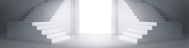 Girişin iki tarafında üç boyutlu gerçekçi beyaz merdiven modelleri var. Soyut boş beton merdivenlerin vektör çizimi, iç tasarım elementi. Kariyer büyümesinin sembolü, başarı için rekabet