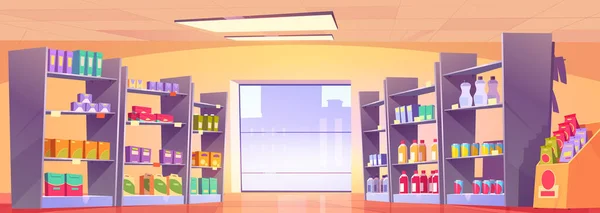 창문이 슈퍼마켓 형형색색의 상자와 꾸러미 천장에 램프가 선반에 Grocery Store — 스톡 벡터