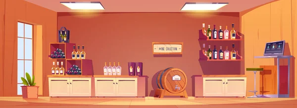 Interieur Cartoon Wijnwinkel Vector Illustratie Van Winkelcentrum Afdeling Met Alcohol — Stockvector