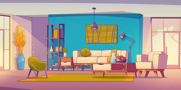 Интерьер дома с мебелью в гостиной, дверью, окном и лестницей. Современный скандинавский дизайн квартиры с диваном, стульями, полками, журнальным столиком и ковровым покрытием, векторная иллюстрация в современном стиле