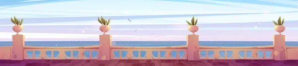 酒店露台空旷 大海云雾弥漫 夏初的矢量背景为印度王宫阳台海景 用绿色植物在古天井上的栏杆 巴洛克休息厅设计 — 图库矢量图片