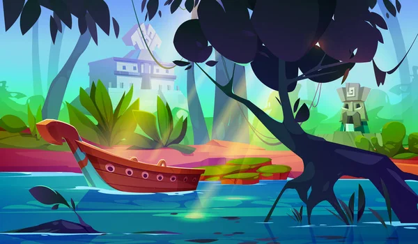 ボートや古代の寺院のベクトルの背景と熱帯林の川 アマゾン熱帯雨林の漫画の風景のジャングルの水の近くの海岸 緑の木の上にリアナと野生の環境 マヤの石像 — ストックベクタ
