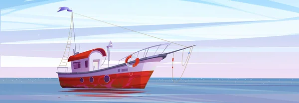 Fischtrawlerboot Meeresvektor Marinen Hintergrund Kommerzielle Fischereischiff Mit Rettungsring Meerwasser Cartoon — Stockvektor