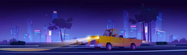Carro Estacionamento Cidade Noturna Desenho Animado Vetor Ilustração Auto Amarelo — Vetor de Stock