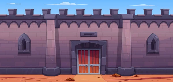 Mittelalterliche Burgmauer Mit Torvektorhintergrund Sichere Cartoon Spiel Ziegel Festung Mit — Stockvektor