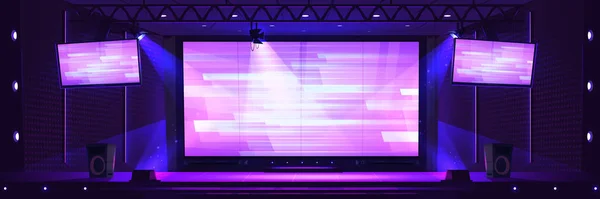 电视显示舞台背景与领先的屏幕面板 音乐会演播室 墙壁上有领先的监视器 现场有聚光灯 影视娱乐游戏比赛与灯火通明 — 图库矢量图片