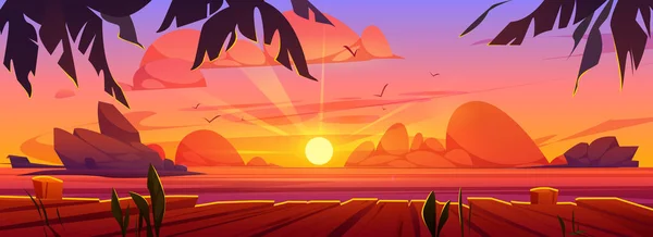 Prachtige Zonsondergang Boven Zee Uitzicht Vanaf Houten Pier Vector Cartoon — Stockvector