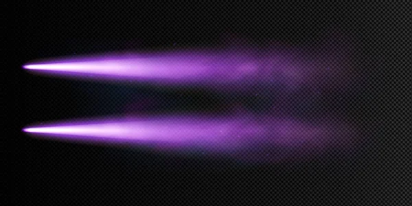 透明な背景に隔離された現実的な紫色のロケット飛行経路 ネオンレーザービーム効果 ブラスター攻撃 銃の弾丸 魔法のパワーストライキラインのベクトルイラスト ゲームデザイン要素 — ストックベクタ