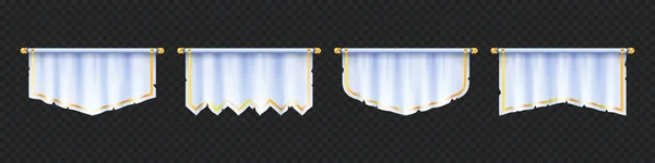 白い水平ペナントモックアップ 空の中世のフラグベクトルバナー 本物のブランクチームのテキスタイルサイン ハンギングバンディング標準モックアップ 黄金の境界線と透明な背景に隔離された3Dバッジ — ストックベクタ
