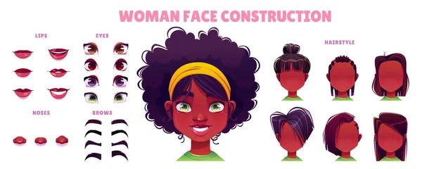 卡通非洲女人面临着动画形象的建构 具有一套发型 眼睛和眉毛元素的女孩形象来塑造女性形象 游戏用户青少年自定义面部生成器 — 图库矢量图片