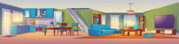 房子的内部有厨房 大厅和楼梯 带有厨房用具 椅子和咖啡桌的现代公寓 当代风格的矢量插图 — 图库矢量图片