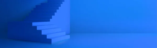 3次元階段を背景に 視界に青い階段と壁を持つ空の舞台 部屋またはスタジオ 抽象的なインテリアモックアップ ベクトル現実的なイラスト — ストックベクタ