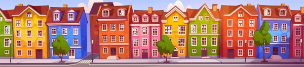 Skandinavische Stadtstraßenpanorama Mit Traditionellen Gebäuden Vektor Cartoon Illustration Der Gemütlichen — Stockvektor