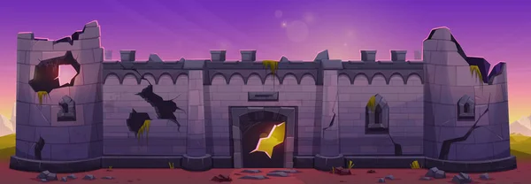 壊れた中世の城石の壁の漫画の背景 要塞石積みの塔は ベクトルゲームレベルのイラストを構築 城塞のドアの抜け穴 日の出に古代王国の外観を放棄 — ストックベクタ
