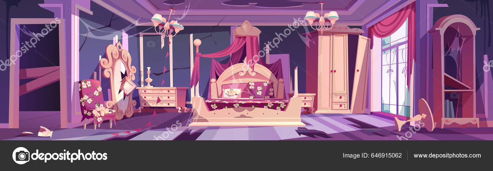 Abandoned Princess Bedroom Room Messy Interior Background Cartoon Vector  Pink Stock Vector by ©klyaksun 646915062, image size:1600x557