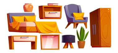 Yatak odasının içinde yatak odası, ayna, ahşap mobilya ve bitki var. Yastıklı, battaniyeli, sandalyeli, kostümlü, komodinli, vektör karikatürlü modern ev ya da apartman içi.